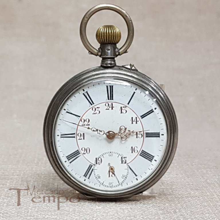 Relógio de Bolso antigo com caixa em prata mostrador 24h
