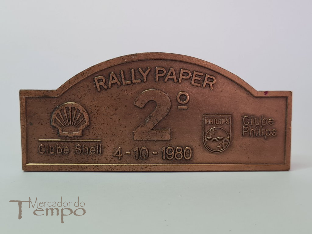 Placa em cobre do 2º Rally Paper Clube Shell e Clube Philips, 1980